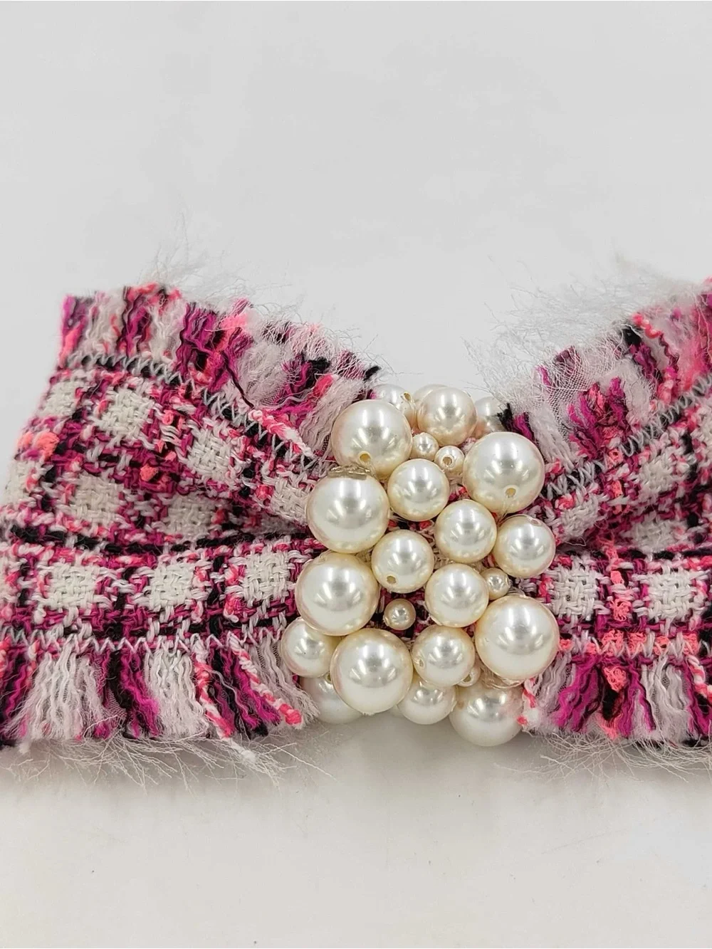 CHANEL Pink Tweed Bow Hair Clip with Clustered Pearls